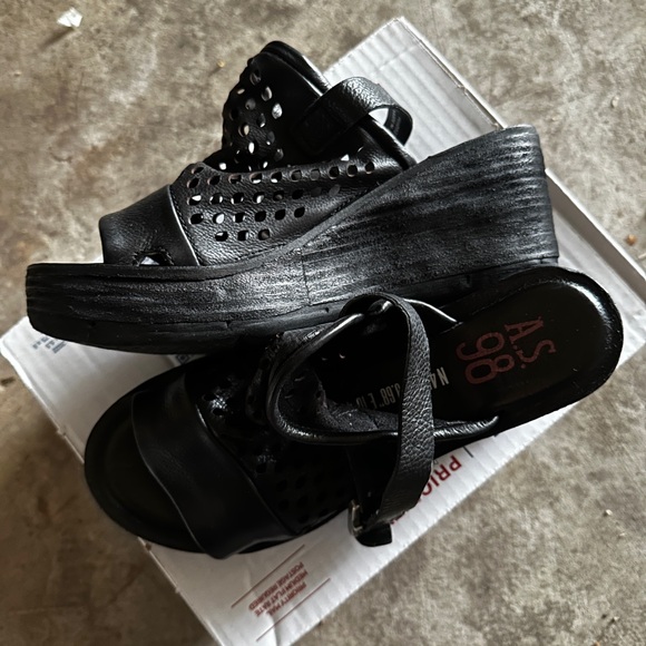 New A.S.98 Normie Wedge Black Leather Sandals Size 38 - Picture 2 of 7